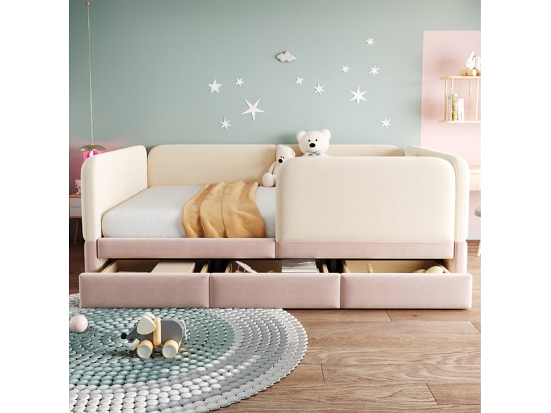  Lit enfant rembourré 140 x 200 cm beige et rose avec 3 tiroirs de rangement  - Conforama C