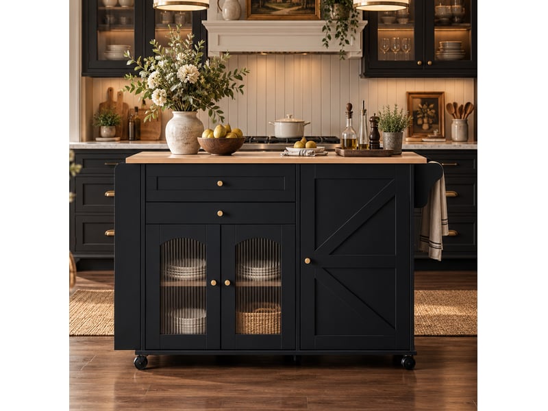  Desserte de cuisine mobile à plateau rabattable 110x70x99 cm noir et naturel  - Conforama B