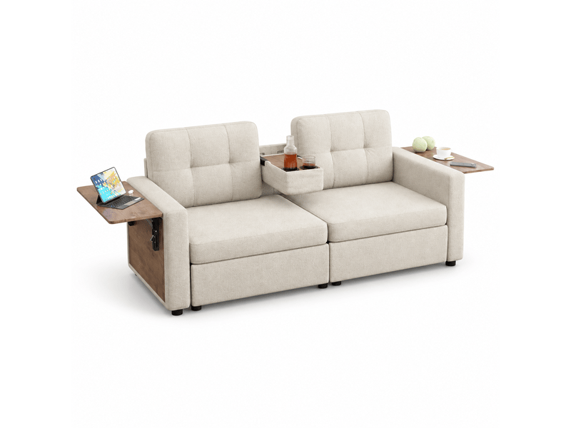  Canapé 2 places 178 x 71 x 57,5 cm, assise réglable, 2 rangements, tablette rabattable pour ordinateur, porte-gobelets, chenille, beige OMNIGLINT TRADING LTD - Conforama A
