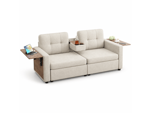 Canapé 2 places 178 x 71 x 57,5 cm, assise réglable, 2 rangements, tablette rabattable pour ordinateur, porte-gobelets, chenille, beige