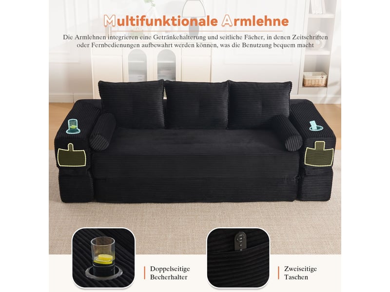  Canapé tissu côtelé mousse haute densité noyau ressorts forme stable confort d'assise poches latérales porte-gobelet  - Conforama E