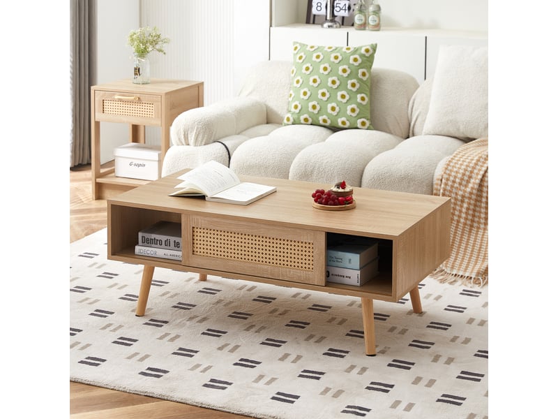  Table basse avec 1 porte coulissante et espace de rangement, pieds réglables, en mdf, bois naturel - uvrion  - Conforama D