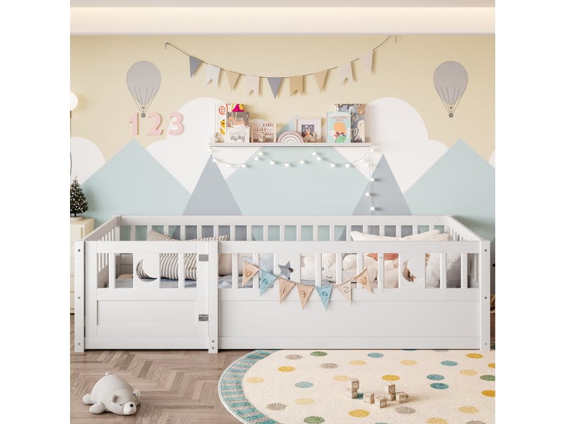  Lit enfant 90 x 190 cm avec barrières verrouillables, sommier à lattes, blanc  - Conforama B