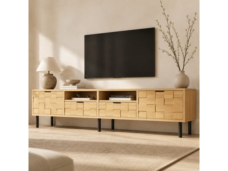 Meuble tv avec 2 portes, 2 tiroirs et 2 niches ouvertes pour salon, décor bois naturel, 200 × 35 × 44,5 cm - Conforama B