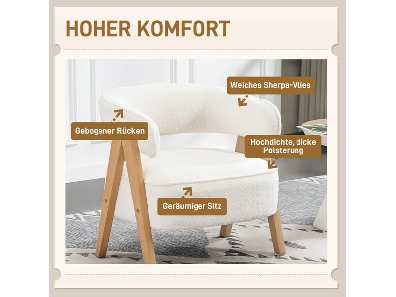  Fauteuil rembourré avec dossier incurvé et assise épaisse, pieds en bois et structure en métal, en polyester blanc  - Conforama D