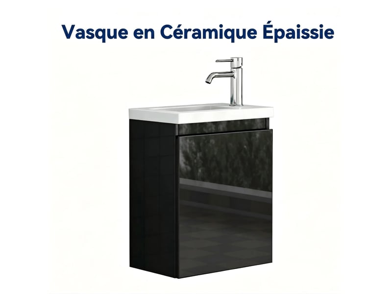  Meuble vasque suspendu 40 cm avec lavabo céramique et miroir noir brillant gain de place  - Conforama D