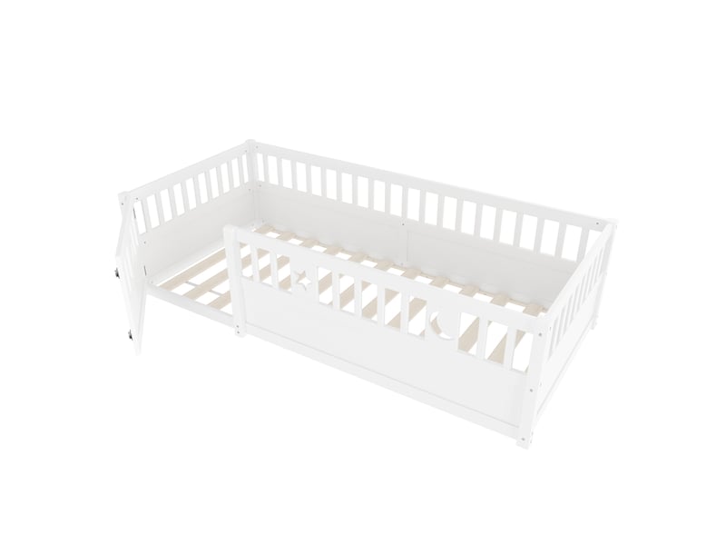  Lit enfant 90x190 blanc, superbe lit avec barrière de sécurité en bois, décoration étoile et lune pour chambre, style minimaliste  - Conforama W