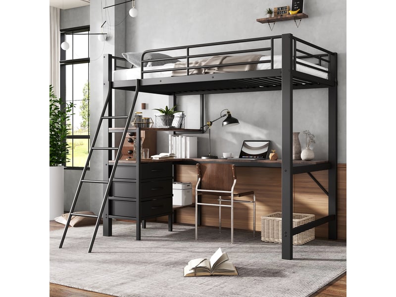 Lit mezzanine 90x200 cm avec bureau, lit gain de place pour enfant et adolescent avec 3 tiroirs, structure en métal et bois style industriel, noir  - Conforama B