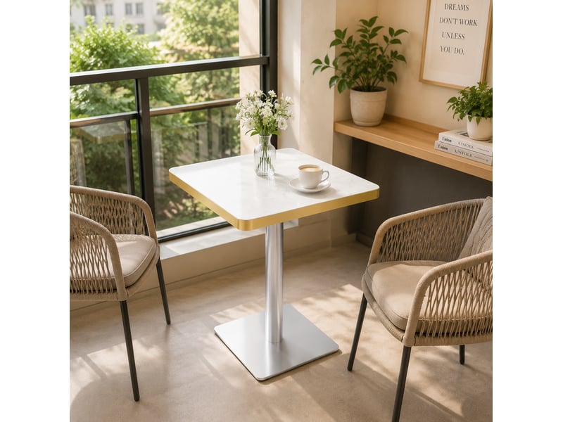  Table à manger carrée avec plateau effet marbre blanc, bord doré, piètement en métal  - Conforama B