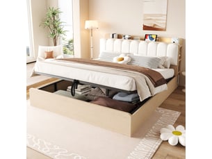 Lit coffre 180x200 cm, lit double, rangement hydraulique, étagères, port usb, tête de lit rembourrée, bois naturel, veilleuse