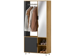 Armoire avec miroir et penderie, compartiments de rangement, étagères ouvertes, bois naturel, noir