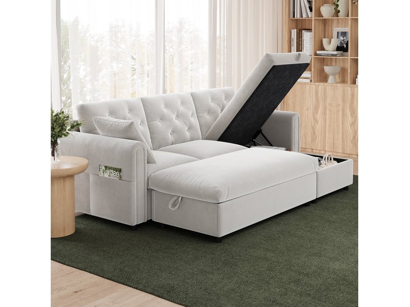  Canapé 3 places beige avec méridienne réversible et pouf de rangement 219x131x86 cm  - Conforama D
