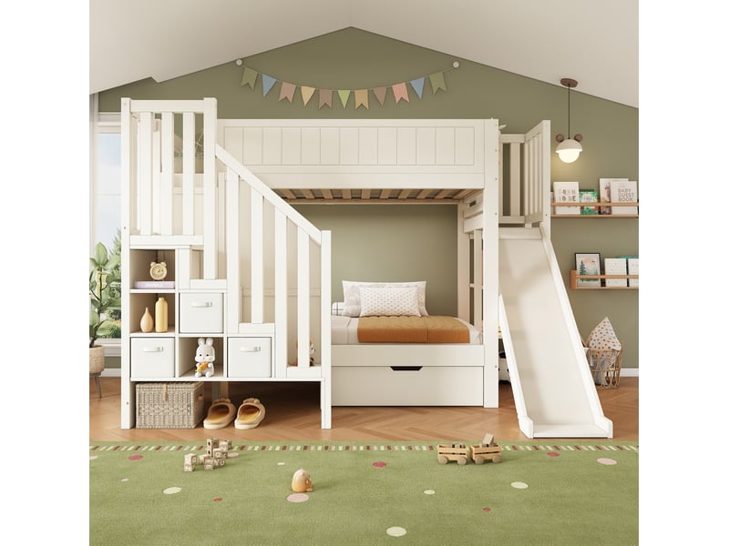  Lit superposé enfant 90x200 cm, lit double, toboggan et rangement, tiroir, style moderne, bois, blanc, sans matelas  - Conforama B