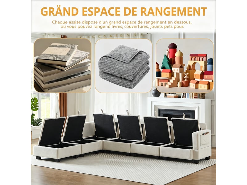  Canapé d’angle, en chenille, u pour salon, ottomane coffre, 6 places et méridienne, 87,6x289,6x141 cm, beige  - Conforama E