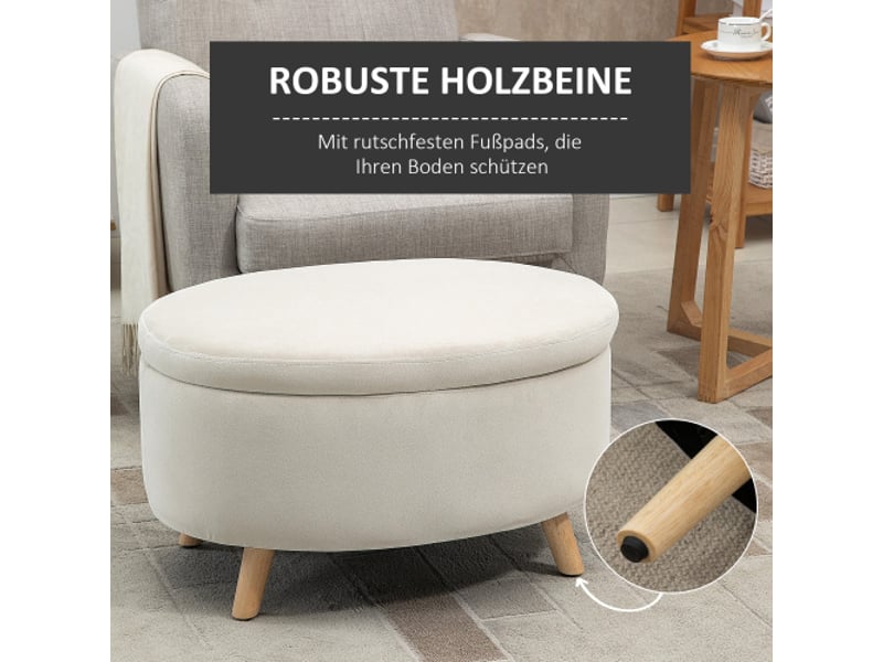  Banc coffre ovale beige effet velours avec couvercle, pieds en bois, 71x51,5x42 cm, rangement  - Conforama D