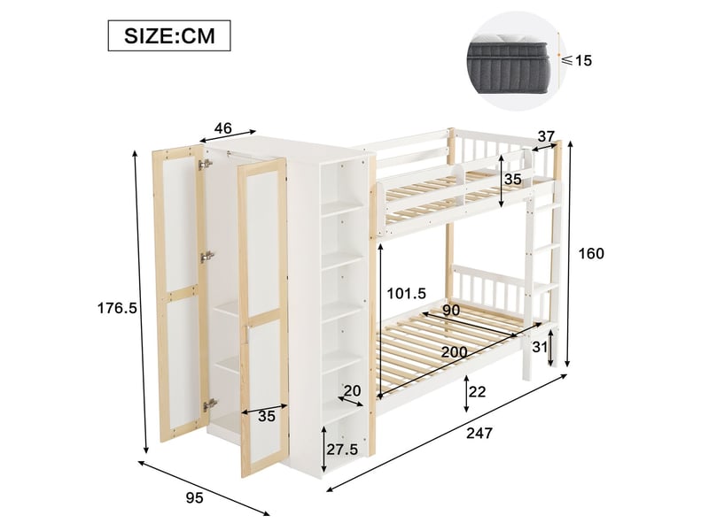  Lit superposé90x200cm - avec armoire et escalier de rangement blanc - lit superposé enfant - garde-corps sécurité - avec échelle  - Conforama C