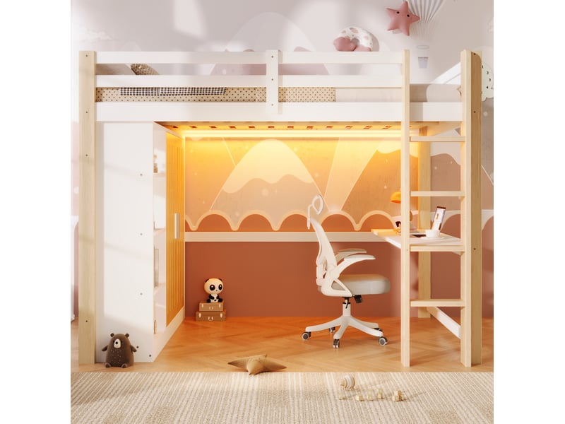  Lit mezzanine 140x200 cm avec bureau, armoire et led blanc et naturel  - Conforama E