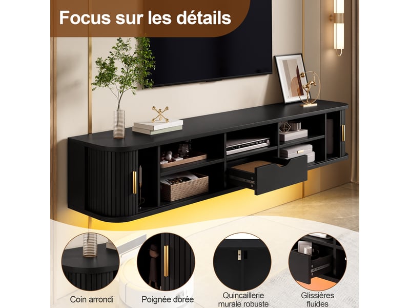  Meuble tv mural 175x30x30 cm, 2 portes coulissantes, tiroir, led réglable par application, mdf noir  - Conforama E