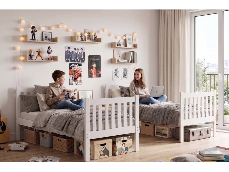  Lit superposé séparable 90x200 cm QUBA Interbeds - Bois massif de pin avec barrière, sommier et tiroir - Blanc QUBA - Conforama D