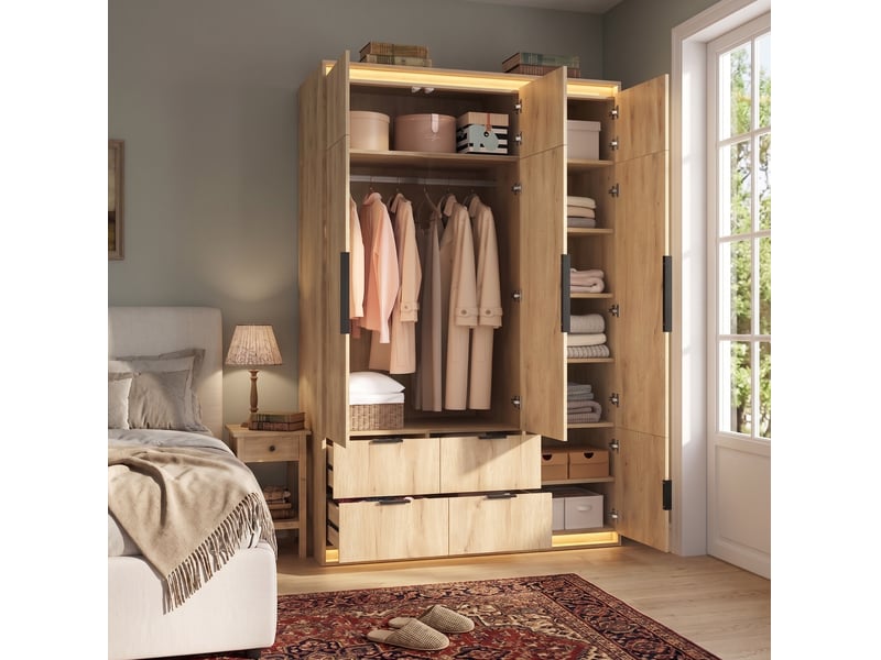  Armoire 3 portes avec miroir, led, penderie, 4 tiroirs et rangements, pour chambre, mdf, bois clair, 135 × 47 × 200 cm  - Conforama C