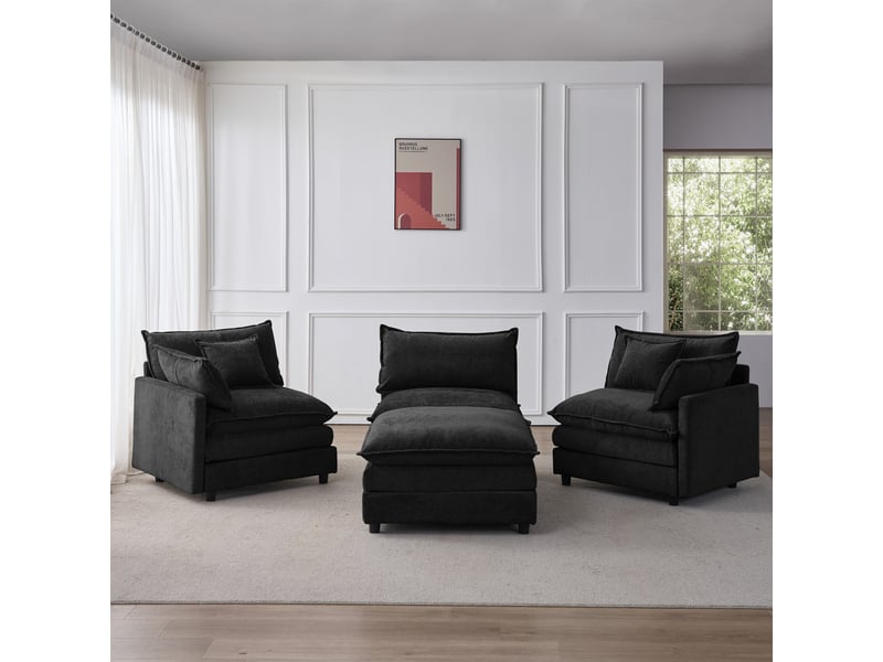  Canapé d'angle modulable 3 places avec méridienne et pouf 267 x 154 cm en chenille  - Conforama D