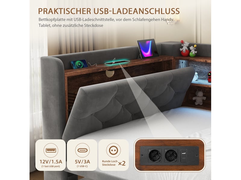  Lit extensible, 90x190 cm, doté d’un espace de rangement, led, usb et type c, matelas non inclus, tissu, coloris gris  - Conforama E