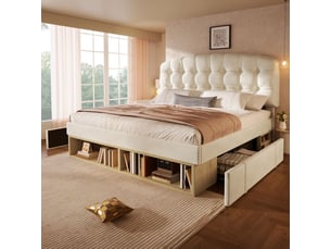 Lit rembourré 140 x 200 cm lit double velours rangement velours beige tête de lit courbée réglable en hauteur tiroirs espace de rangement