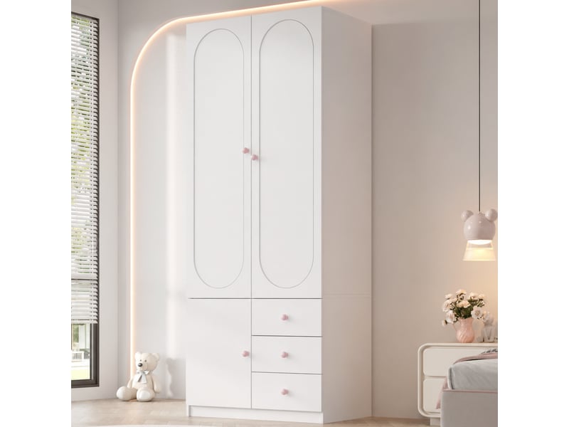  Armoire enfant 2 portes avec penderie et 3 tiroirs - lpospi - rangement anti-basculement mdf blanc 80 × 50 × 200 cm  - Conforama C