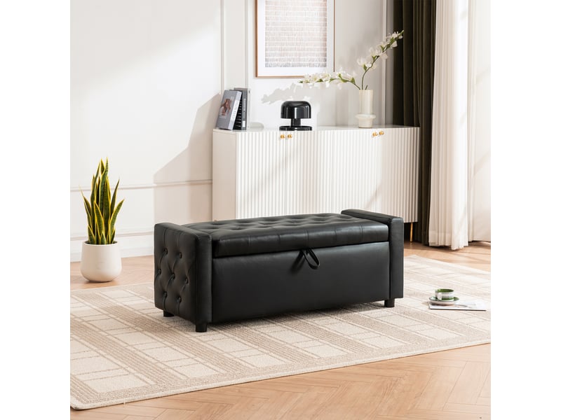 Banc de rangement capitonné - 122x45 cm noir - ottomane rectangulaire en similicuir avec grand coffre et assise confortable - Conforama E