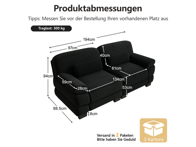  Canapé modulable - 2 places - coussins lombaires - velours côtelé - mobilier de salon - configuration flexible - pratique - noir CozyNest - Conforama D