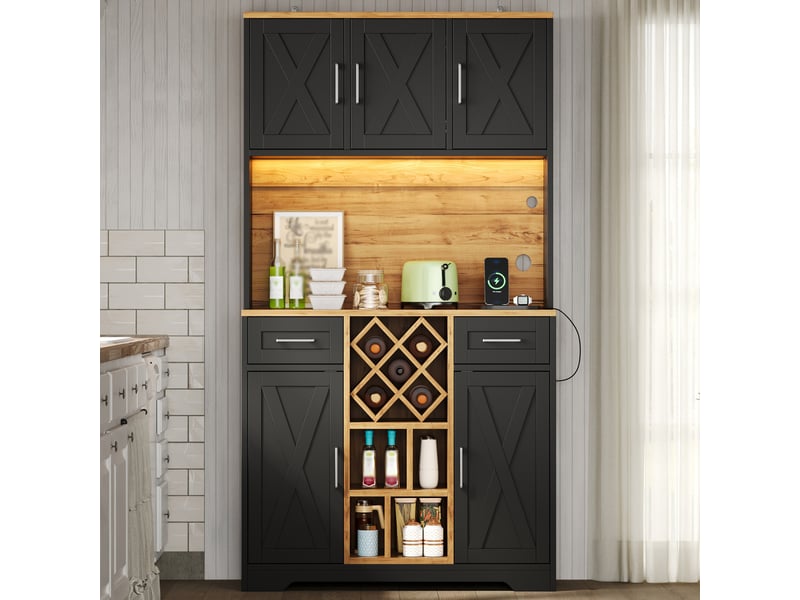  Armoire de cuisine haute - 105 x 40 x 180 cm - noir et bois - meuble de rangement vaisselier avec éclairage led et prises intégrées  - Conforama E