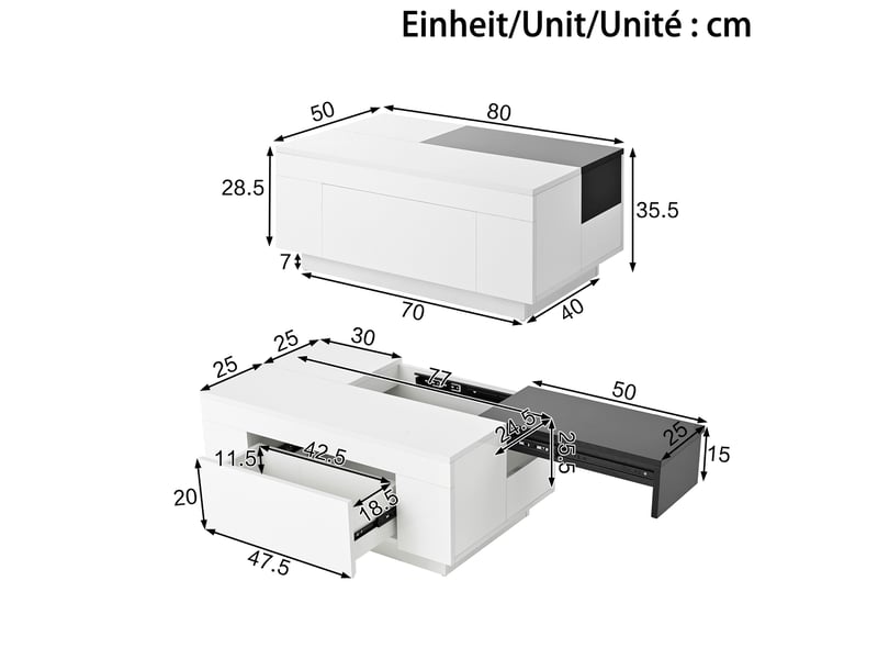  Table basse extensible 80 x 50 cm avec led rgb, tiroir caché, noir et blanc  - Conforama C
