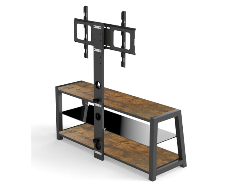 Meuble tv en bois avec verre trempé noir, socle réglable et pivotant, fixation murale brun – h125 x l116 x p42 cm  - Conforama E