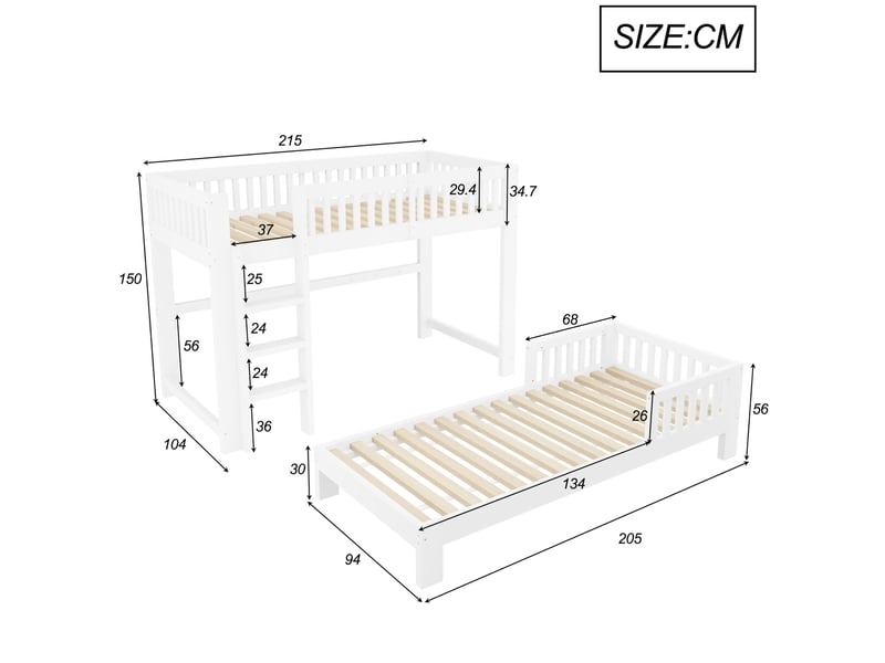  Lit superposé enfant 90x200 cm – blanc – modulable, avec lit séparé et sécurité renforcée  - Conforama C