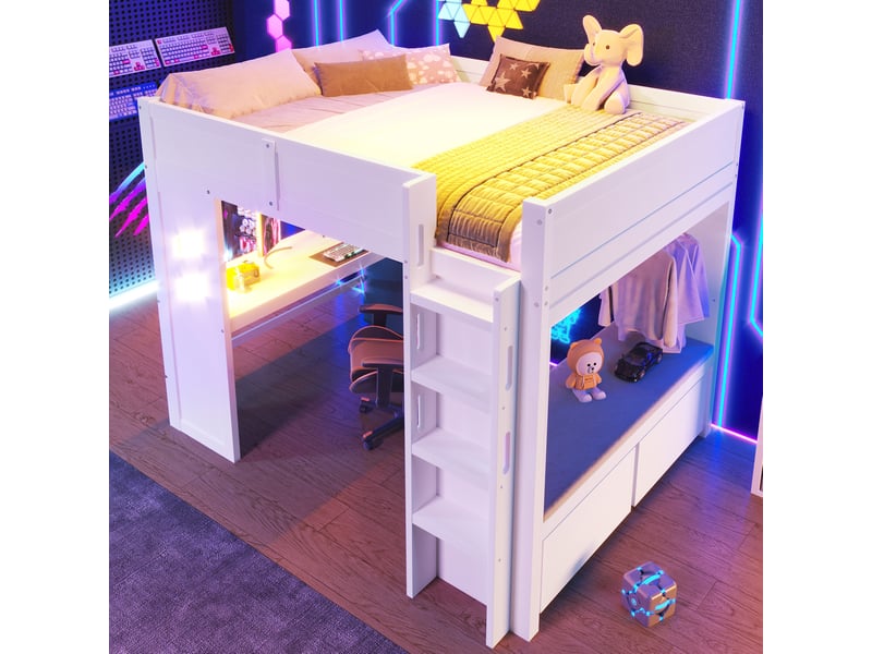 Lit mezzanine 140x200 cm avec bureau, éclairage led, usb et type-c, pour chambre, en bois, couleur blanc, sans matelas - Conforama E