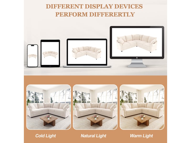 Canapé d'angle en forme de l 5 places, en tissu chenille, pour salon, 217 x 217 x 83 cm, beige - Conforama D