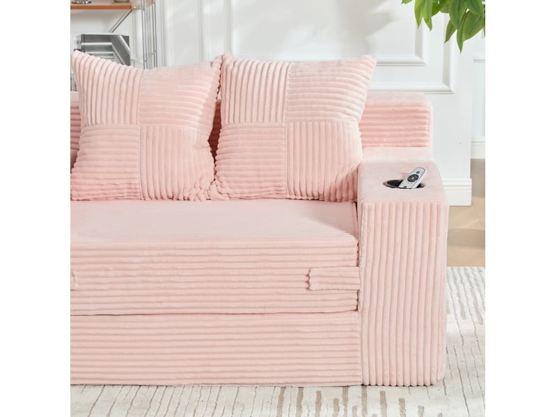  Canapé-lit 2 places 151 x 133 x 64 cm rose en velours côtelé, poches latérales et porte-gobelet  - Conforama E