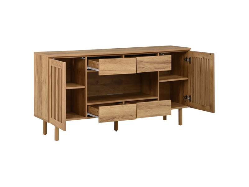  Buffet 140 x 35 x 71 cm naturel en mdf, 4 tiroirs, 2 portes à lamelles, charge 70 kg pour salon  - Conforama D