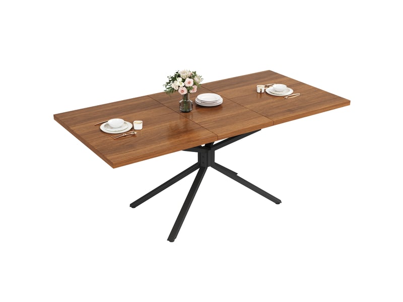  Table de salle à manger extensible 120160x90x75 cm pour 4 à 6 personnes, plateau mdf, piètement métal noir en étoile, pieds réglables - marron foncé  - Conforama A