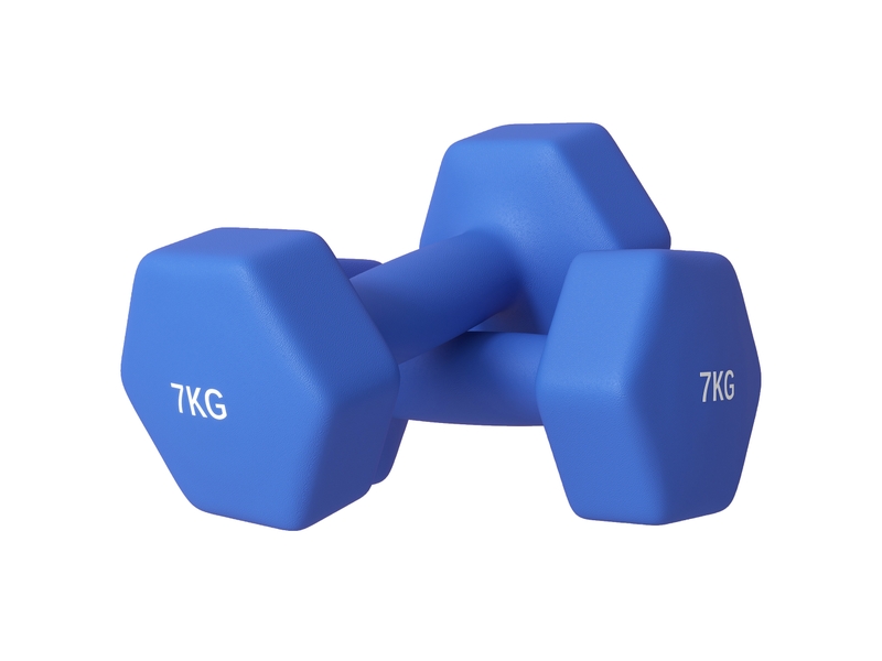 Lot de 2 haltères hexagonales, 2 x 7 kg, métal et plastique, avec poignée antidérapante, 22,5 x 10,5 x 10,5 cm, bleues  - Conforama A