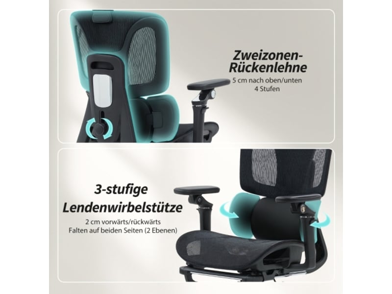 Chaise de bureau ergonomique en mesh, appui-tête et soutien lombaire réglables, noir, repose-pieds - Conforama D