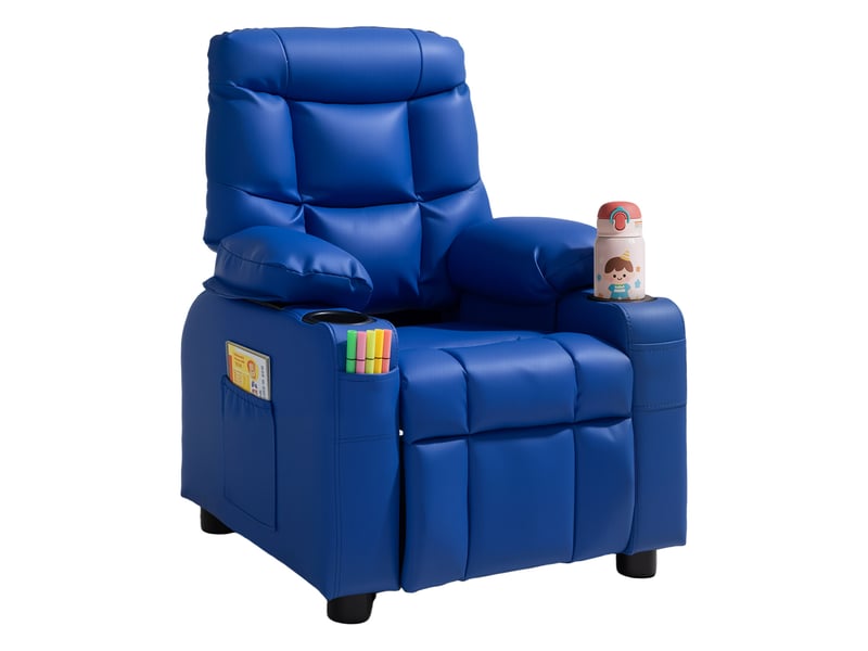 Vevor fauteuil inclinable pour enfants - chaise relax ergonomique en cuir pu, dossier réglable 107°-126°, 2 porte-gobelets, 4 poches, repose-pieds, bleu SX-81582 - Conforama A