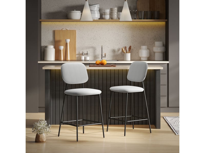  Lot de 2 tabourets de bar avec dossier rembourré en velours et structure en acier, 45 x 49 x 102 cm, gris clair  - Conforama D