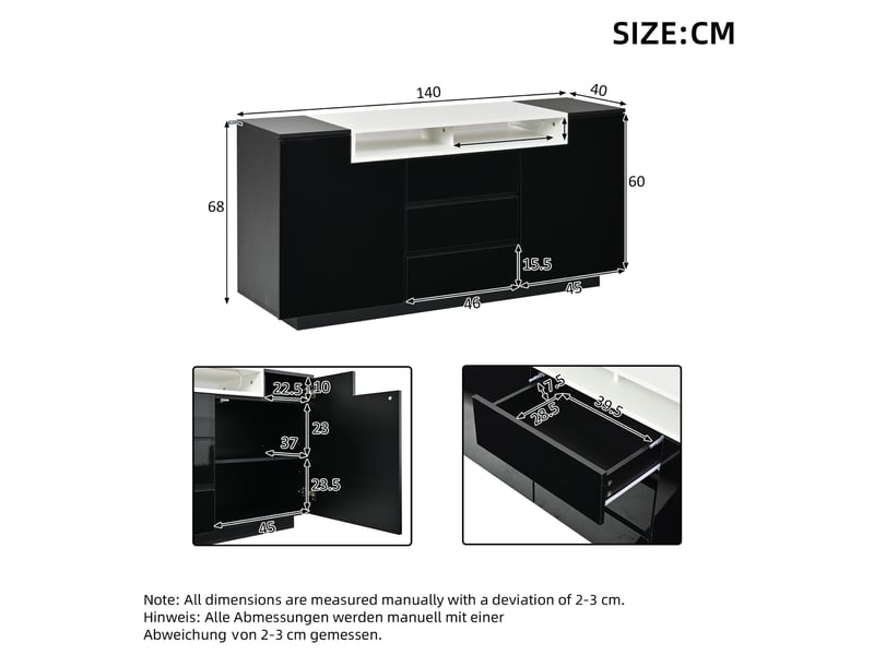  Buffet et enfilade avec 2 portes, 3 tiroirs et éclairage led pour salon, en panneaux de particules noir, 140 × 40 × 68 cm  - Conforama D