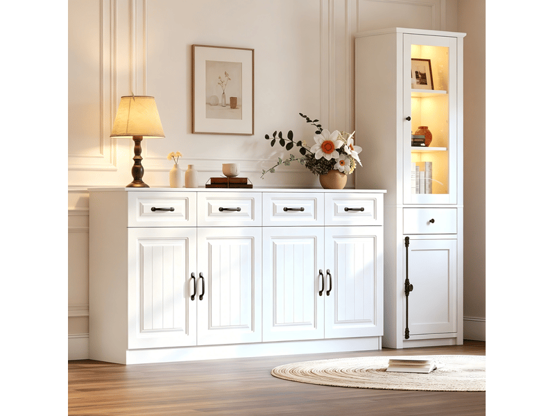  Ensemble de 2 meubles de rangement : buffet 160 cm et vitrine avec éclairage led, blanc  - Conforama C