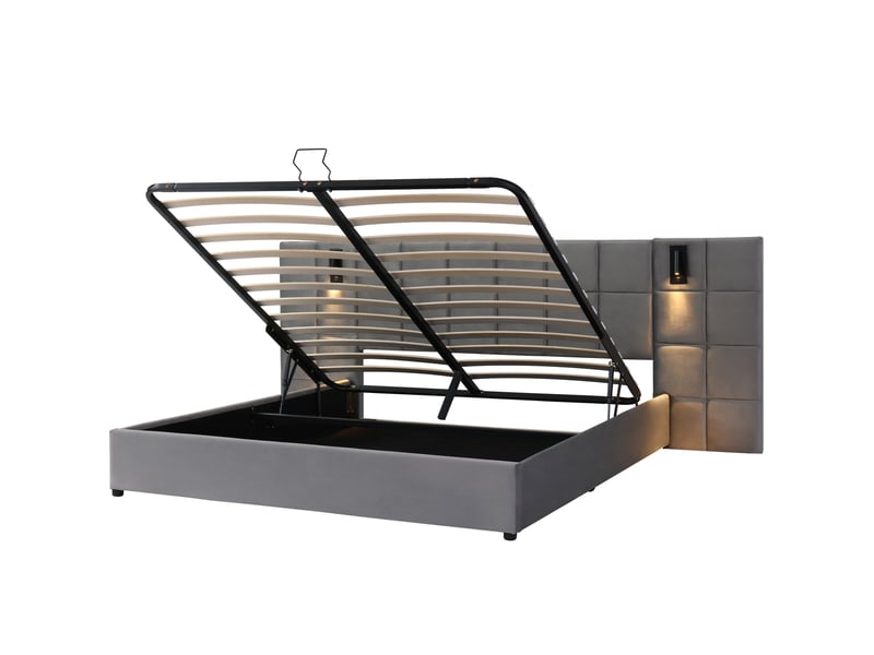  Lit capitonné, lit coffre hydraulique avec lampe orientable et port usb, tête de lit large et rembourrée de mousse, motif à damier, structure en acier, sans table de chevet, velours, 180 x 200 cm, gris  - Conforama D