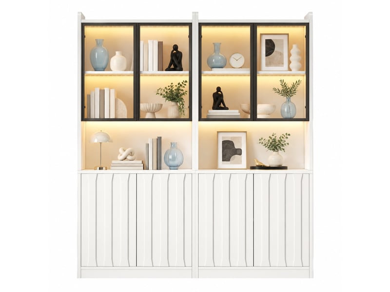  Vitrine 2 pièces 160x35x200 cm led bluetooth, 8 portes, verre de sécurité, panneaux de particules blanc  - Conforama A