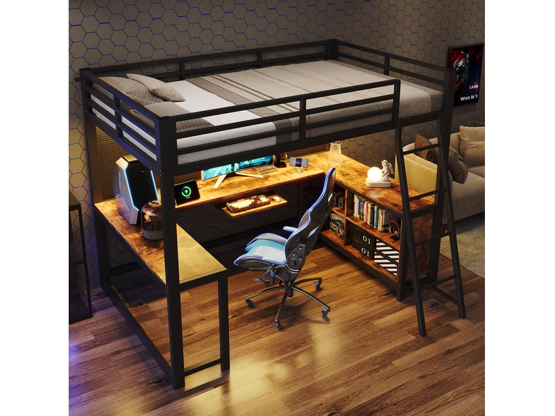  Lit mezzanine modenvie 120 x 200 cm avec bureau led prise ue métal noir décor bois  - Conforama E