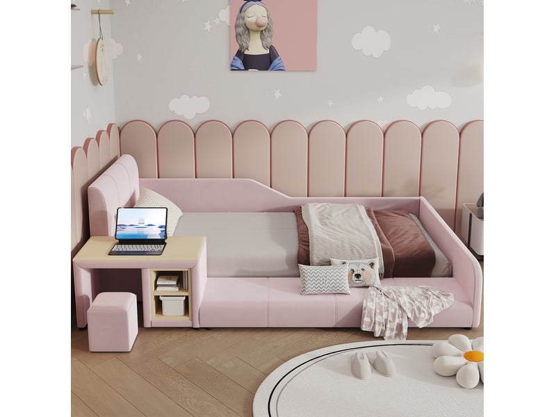 Lit enfant 90 × 200 cm avec bureau, tabouret et étagère, tête de lit rembourrée en velours rose pour chambre  - Conforama E