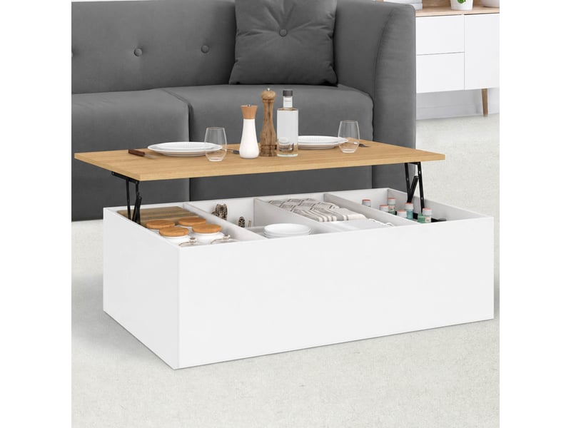  Table basse plateau relevable rectangulaire elea 100 cm avec grand coffre bois blanc et façon hêtre  - Conforama B